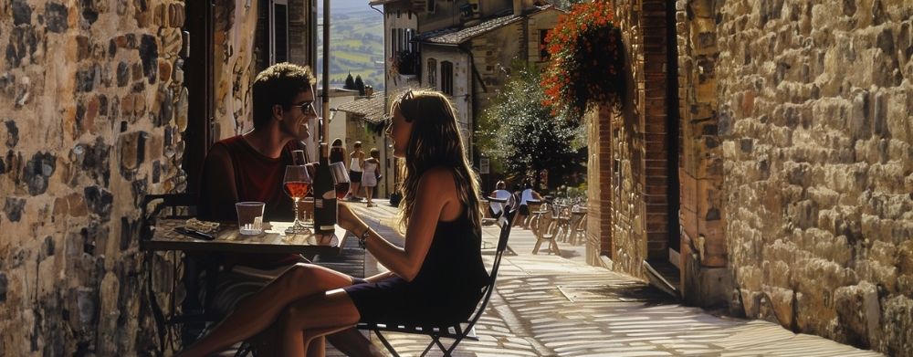 san gimignano: due ragazzi che fanno l'aperitivo